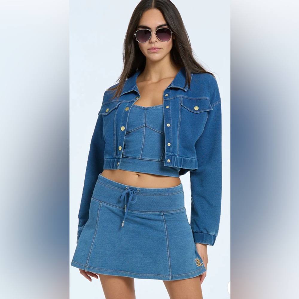 Juicy Couture Embroidered Knit Denim Skirt & Jacket Set
